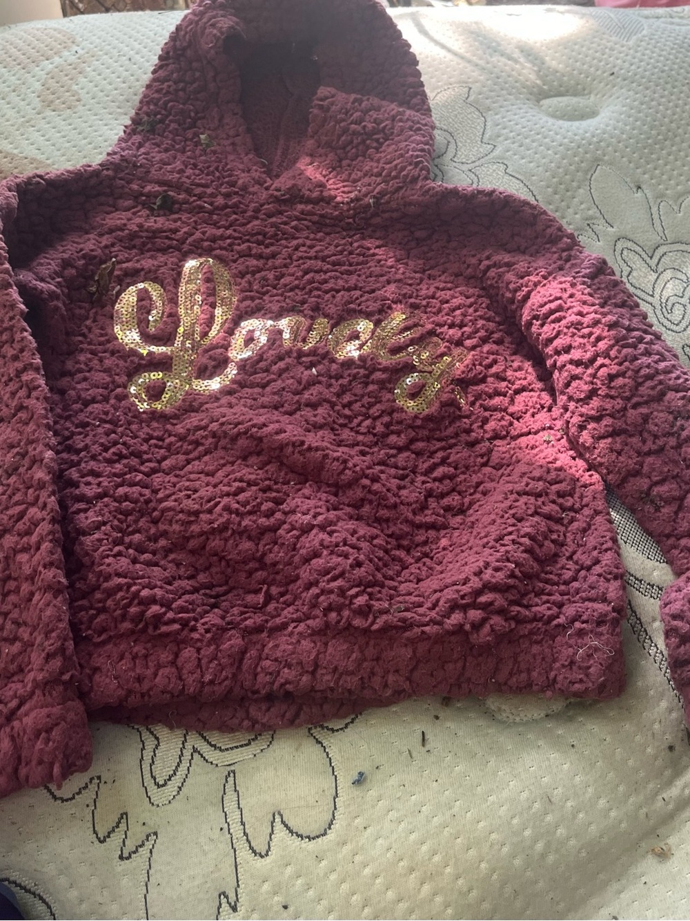 One Step Ahead Girls' Hooded Sherpa Pullover in Berry with Gold Sequin 'Lovely'